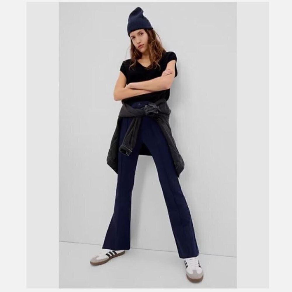 GAP High Rise Ponte Flare Pants Split Hem Pintuck Pleat Navy Blue sz 12 NWT $90
